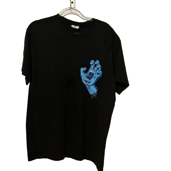 🍒Santa Cruz Skateboards Black Tee with Blue Graphic size M GUC screaming hand - Picture 1 of 4